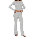 Women's 2 Piece Lounge Sets Fold-Over Flare Pants, Cotton Long Sleeve Crop Top and Pants Casual Outfits Yoga Set (S,Grey)