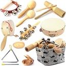 Wooden Musical Instruments Set,Percussion Instrument Kit for Children Baby,Rhythm Device for Preschool Education,Family Band Include Maracas,Tambourine,Castanet,Steel Triangle with Striker,Storage Bag