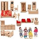 Wondertoys Dollhouse Furniture Accessories Family Doll Set 5 Set 33Pcs Wooden Bathroom/Living Room/Dining Room/Bedroom/Kitchen House Doll Decoration Pretend Play for Kids