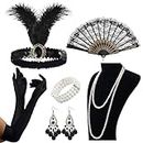 VEGCOO 1920 Accessories for Women,1920s Dresses for Women Vintage Clothing Accessories Including Headband Necklace Gloves Earrings Bracelet Props Set (Black 3)