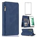 Compatible with Samsung Galaxy S22 5G Wallet Case and Tempered Glass Screen Protector Zipper Leather Flip Cover Card Holder Stand Cell Accessories Phone Cases for Glaxay S 22 G5 Women Men Blue