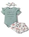 Mioglrie Newborn Baby Girl Clothes Romper Shorts Set Summer Clothes for Baby Girl Floral Infant Girl Clothes Ruffle Baby Girls' Clothing Light Green Baby Girl Clothes 3-6 Months