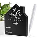 Panneau de mot de passe WiFi pour la maison Panneau de table WiFi en bois en forme de maison avec un tableau noir et un stylo effaçable (5x3.74 Inch, Noir)