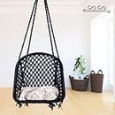 Patiofy Swing for Adults & Kids/Swing for Balcony/Swing Chair for Adults for Home/Cotton D Shape Wooden Swing/Jhula Swing for Indoor Outdoor Garden/Includes Hanging Kit & Silver Cushion-Black