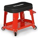 M-AUTO Heavy Duty Garage Rolling Work Seat 300LBS Capacity Mechanics Stool with Wheels, Rolling Work Seat with Equipment Tray and Tool Rack, Rectangle Seat Mechanic Roll Chair, Red