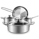 Stainless Steel Pots and Pans Set, 7-Piece Kitchen Cookware Sets with Glass Lids, Stay-Cool Handle, Oven Safe, Works with Induction, Electric and Gas Cooktops