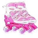 Adjustable Roller Skates for Girls Kids Beginners, Cute Pink 4 Size Roller Skates with 8 Wheels Light Up, For Children's Indoor and Outdoor Sports Playing-S