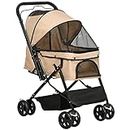 PawHut Pet Stroller Dog Cat Travel Pushchair Foldable Jogger with Reversible Handle EVA Wheel Brake Basket Adjustable Canopy Safety Leash for Small Dogs, Light Brown