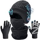 Music Beanie Hat Set - Men's Winter Hat w/Headphones & Ear Covers + Neck Warmer Scarf + Touchscreen Gloves+ Knit Mask, Unique Birthday Christmas Tech Gifts for Teens Boys Women Gamer Worker