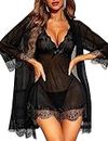 RSLOVE Sexy Lingerie for Women Lace Babydoll with Robe Nightdress Sleepwear Black Medium