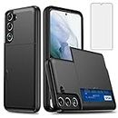 Asuwish Phone Case for Samsung Galaxy S21 FE Gaxaly S 21 FE 5G with Tempered Glass Screen Protector and Credit Card Holder Wallet Cover Hard Hybrid Cell Glaxay S21FE5G UW S21FE 21S G5 Women Men Black
