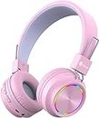 iClever Bluetooth on Ear Headphones for Girls, Kids Girls Headphones with Mic, Headset for Kids School/Tablet/Laptop Stereo Sound Colorful LED Lights Bluetooth 5.0, Foldable, Pink