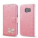 QLTYPRI Glitter Case for Samsung Galaxy S7, Premium PU Leather TPU Bumper Card Holder Kickstand Wrist Strap Inlaid Loving Heart Diamond Design Flip Wallet Case for Galaxy S7 - Pink
