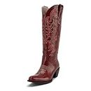 Huntarry Cowboy Boots for Women Wide Calf Knee High Cowgirl Boots Western Embroidery Poninted Toe Mid Heel Wedding Boots, Red-2, 8.5