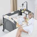 Jaoul 5 in 1 Baby Bassinet Bedside Sleeper Baby Crib, Portable Travel Bassinet for Baby Girl Boy, Pack and Play with Bassinet and Changing Table, Baby Playpen with Toys & Mattress for Infant Newborn