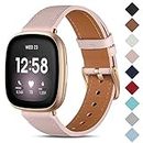 CeMiKa Leather Strap Compatible with Fitbit Sense/Fitbit Versa 3 Strap, Genuine Leather Straps Replacement Wristband Compatible with Fitbit Versa 3/Fitbit Sense Strap for Women Men, Pink Sand