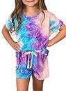 Dokotoo Girls Summer Casual Cute T-Shirt Shorts Set Outfits Short Sleeve Tops Tee Shirts Clothes Crew Neck Tie Dye Stretchy Shorts Fashion Clothing with Side Pockets Size 8-9 Purple, Big Kid