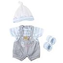 JC Toys | Berenguer Boutique | Baby Doll Outfit | Gray Overall Shorts with Blue Stripes | Includes Headband and Booties | Ages 2+ | Fits Dolls 14"- 18"