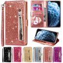 Bling Glitter Leather Flip Phone Case for iPhone 15 14 13 SE XR 7 8 Wallet Cover