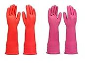 Eopzo Latex Rubber Special Dish Kitchen Platform Washing, Home, Bathroom, Garden Cleaning Gloves, Hand Careing Long Sleeve Waterproof Safety Hand Gloves(2 Pair) (RED+PINK)