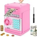 Acalu Piggy Bank for Kids, Mini ATM Auto Scroll Paper Coin Bank Money Saving Box with Password, Cashes & Coins Saving Box for Boys and Grils Gifts Toys Pink