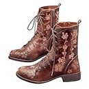 Women's Vintage Victorian Ankle Boots Floral Embroidery Mid Calf Boots Retro Western Chunky Heeled Booties Over Feet Round Toe Boots Lace Up Witch Booties