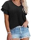 IN'VOLAND Womens V Neck Tshirts Plus Size Loose Fit Ruffle Sleeve Summer Hollow Casual Blouse Tops Black 24W