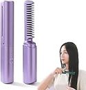 Rechargeable Mini Hair Straightener, 2 in 1 Anti-Scald Hair Straightener Brush and Curler, Portable Travel Negative Ion Hair Straightener Styling Comb (Purple)