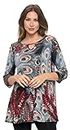 Jostar Women's Key Hole Front Top - 3/4 Sleeve Print Tunic Round Neck Casual Printed T Shirt Made in USA, W367 Red, Medium