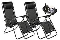 SUNMER Set of 2 Sun Lounger Garden Chairs With Cup And Phone Holder - Deck Folding Recliner Zero Gravity Outdoor Chair - Black/Black
