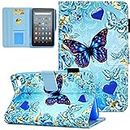 KEROM Case for Fire 7 Tablet (9th/7th/5th Generation, 2019/2017/2015 Release), PU Leather Stand Cover Case with Auto Wake/Sleep, Blue Butterfly