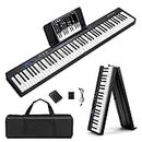 HONEY JOY 88-Key Foldable Electronic Keyboard, Full-size Semi Weighted Digital Piano for Beginners w/MIDI Function, Sustain Pedal, Portable Piano Bag, Spilt Function, 2 Teaching Modes (Black)