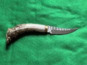 Vtg Ken Richardson Elk Handle Handmade Hunting Masonic Knife No Sheath