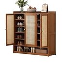 Vocpy 7 Tier Shoe Storage Cabinet with Doors, Bamboo Multifunctional Shoe Cabinet, Boho Shoe Cabinet with one Level of Open Storage