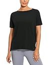 CRZ YOGA Women's Pima Cotton Short Sleeve Shirt Loose Workout T-Shirt Athletic Casual Top Black Large