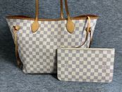 Authentic Louis Vuitton Damier Azur Neverfull MM Tote Bag with Pouch N41361