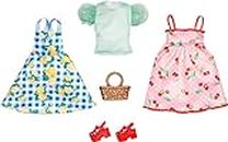 Barbie Fashions Doll Clothes and Accessories Set, 2 Picnic-Themed Dresses with Basket and Shoes for 2 Complete Outfits