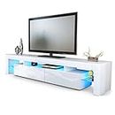 Panana 160cm 2 Drawer TV Stand Cabinet Unit Glass Shelf Sideboard RGB LED Lighted Fit For 62, 63,65,70inch (White)