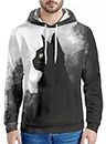 GLUDEAR Men's Realistic 3D Digital Print Pullover Hoodie Hooded Sweatshirt, Black White Ink Cat, X-Small