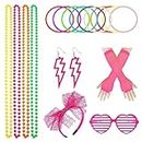 TQmate 18 Pieces 80s Fancy Dress Costumes Accessories For Women, Retro 1980s Party Accessories Set with 4 colors Bead Necklace Earrings Fishnet Gloves Glasses Neon Bracelets Lace Hair Hoop, Rose Red