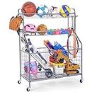 Sports Storage Organizer for Garage, WEYIMILA Ball Storage Garage with Baskets and Hooks, Rolling Sports Equipment Storage Cart with Wheels, Basketball Racks, Garage Sports Equipment Organizer (Gray)