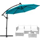 10FT Patio Offset Umbrella Sun Shade Solar Powered LED 360° Rotation Turquoise