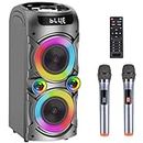 TYOTY Karaoke Machine with 2 Wireless Microphones, Portable PA System Big Bluetooth Speaker with LED Lights, Remote Control Support Bass/Treble Adjustment, TF Card/USB, REC for Adult Kids Home Party