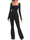 Vancavoo Women Jumpsuit Black Unitard One Piece Ribbed Sports Romper Full Body Long Sleeve Flared Pants Bodysuit Slim Fit Square Neck Stretchy Playsuit Casual Daily Wear Yoga Workout(Black,M)