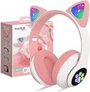 Daemon Bluetooth Headphones for Kids, Cute Ear Cat Ear LED Light Up Foldable Headphones Stereo Over Ear with Microphone/TF Card Wireless Headphone for iPhone/iPad/Smartphone/Laptop/PC/TV (Pink)