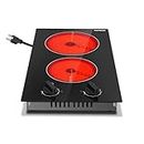 Karinear 110V Electric Cooktop 2 Burners - Efficient Knob Control Countertop & Built-in Ceramic Cooktop for Precise Cooking, 9 Heating Levels, Hot Warning, Over-Temperature Protection