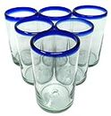 Hand Blown Mexican Drinking Glasses – Set of 6 Glasses with Cobalt Blue Rims (14 oz Each)