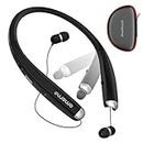 AMORNO Foldable Bluetooth Headphones, Wireless Neckband Sports Headset with Retractable Earbuds, Sweatproof Noise Cancelling Stereo Earphones with Mic (Black)