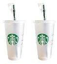Starbucks 2 Pack Reusable Venti Frosted Cold Cup with Lid and Green Straw w/Stopper