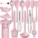 Umite Chef 22Pcs Silicone Cooking Utensils Set, Heat Resistant Silicone Kitchen Spatulas Set with Holder, Cooking Gadgets Tools Set for Nonstick Cookware, Dishwasher Safe(Pink)